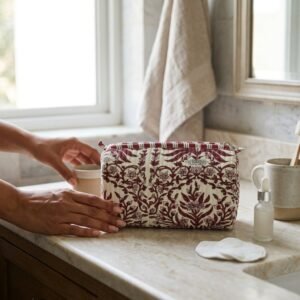 Floral Quilted Toiletry Bag Set showing the nested 3-piece handmade travel pouch bundle with the traditional floral hand block print design and secure zipper tracks.