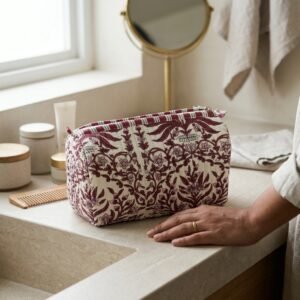 Close-up of the largest case in the Floral Quilted Toiletry Bag Set opened to reveal the clean protective interior lining, smooth zipper track, and soft quilted horizontal stitching texture.