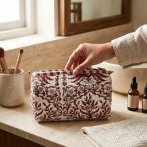 A traveler arranging the three pieces of the Floral Quilted Toiletry Bag Set on a modern bathroom vanity counter, displaying the large, medium, and small sizes filled with cosmetic brushes and skincare bottles.