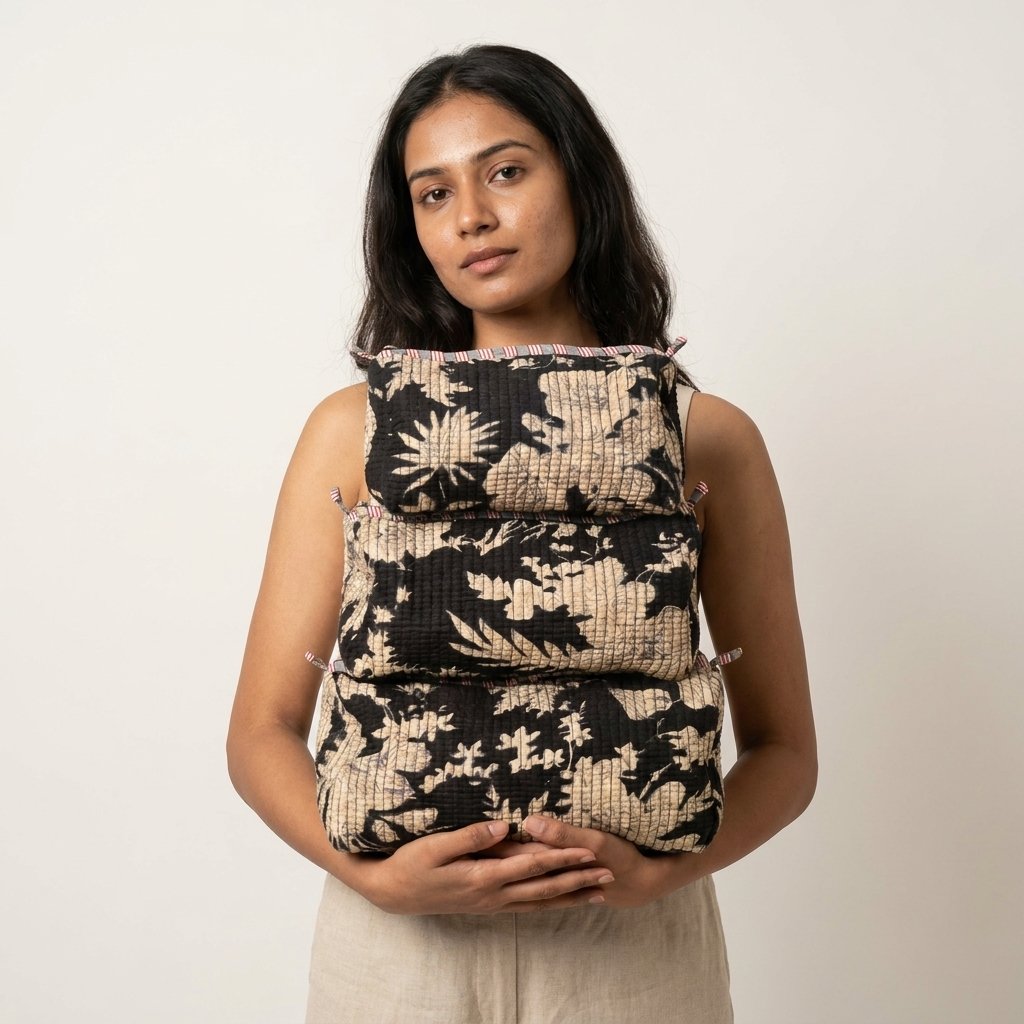 Floral Quilted Toiletry Bag Set showing the nested 3-piece handmade travel pouch bundle with the traditional floral hand block print design and secure zipper tracks.