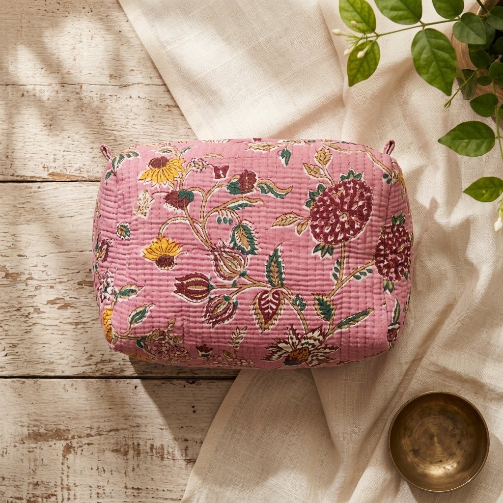 Close-up of the largest case in the Floral Quilted Toiletry Bag Set opened to reveal the clean protective inner lining, smooth zipper track, and soft quilted horizontal stitching texture.