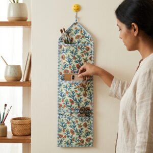 Close-up of the handcrafted botanical print detailing, dense quilted stitching texture lines, robust pocket seam attachments, and clean pocket opening on the cotton pocket storage.