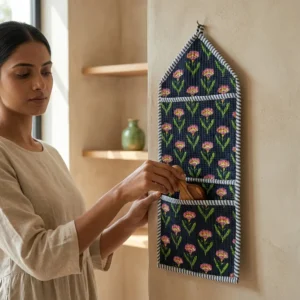 Floral Quilted Wall Hanging Organizer displaying the multi-pocket vertical sorting slots with the traditional botanical block print artisan design hung securely on an entryway wall.