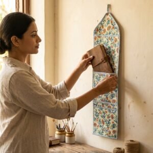 Floral Quilted Wall Hanging Organizer displaying the multi-pocket vertical sorting pockets with the traditional block print artisan design hung securely on a wall hook.