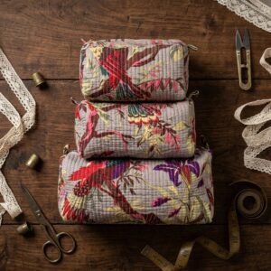 Close-up of the largest case in the Bird Quilted Shoulder Tote Bag bundle opened to reveal the clean protective inner lining, smooth zipper track, and soft quilted horizontal stitching texture.