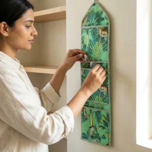 Green Fabric Wall Hanging Organizer displaying the multi-pocket vertical sorting slots with the traditional tiger print artisan design hung securely on an entryway wall.