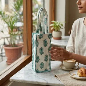 Close-up of the handcrafted green botanical block print detailing, dense quilted tracking lines, and reinforced handle base joints on the cotton wine holder.
