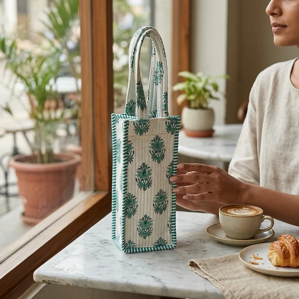 Close-up of the handcrafted green botanical block print detailing, dense quilted tracking lines, and reinforced handle base joints on the cotton wine holder.