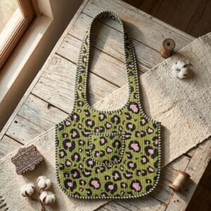 Close-up of the handcrafted green wild cat print detailing, dense quilted stitching texture lines, robust handle strap attachments, and clean inner layout on an Indian cotton market purse.