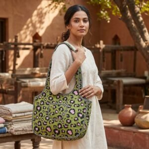Green Tiger Quilted Shoulder Tote Bag showing the traditional hand block print artisan design with the spacious scoop main compartment opening and reinforced double padded shoulder handles.