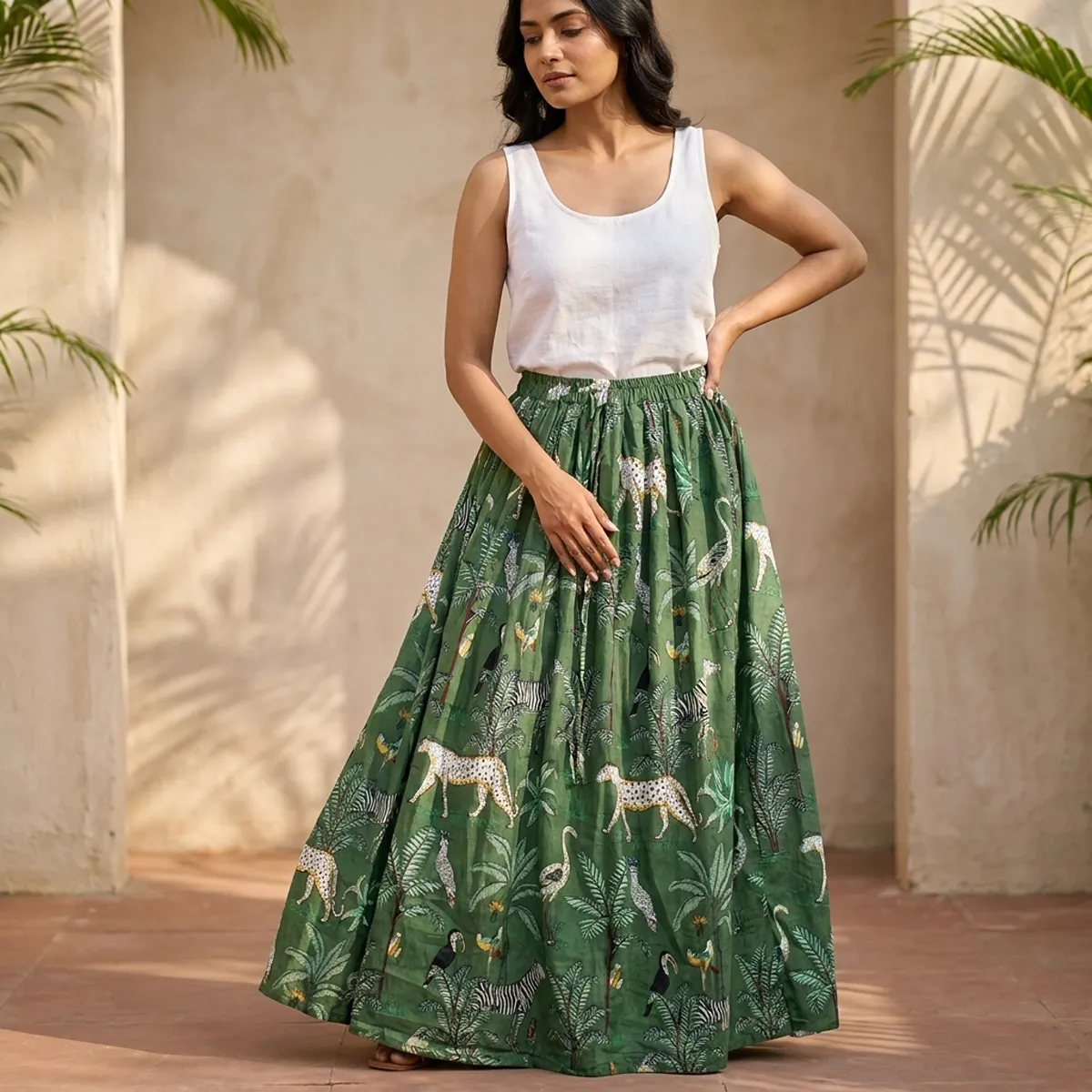 A beachside resort setting showing the gypsy boho animal apparel skirt paired with sandals, highlighting its relaxed fit and elegant bohemian holiday style.