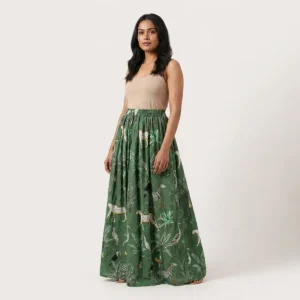 Close-up of the handcrafted green safari print detailing, rich fabric texture folds, and precise lock-stitched hem on the breathable cotton long bottom.