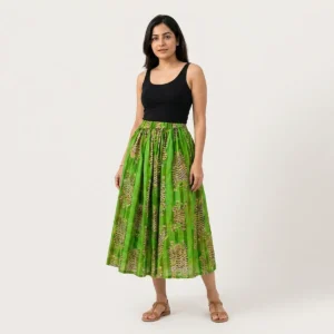 Close-up of the handcrafted green safari print detailing, rich fabric texture folds, and precise lock-stitched hem on the breathable cotton long bottom.