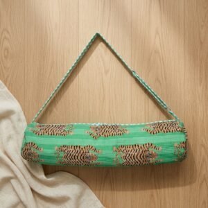 Close-up of the handcrafted exotic green cat print detail, dense quilted stitching texture lines, heavy-duty border trim, and clean inner layout on an Indian cotton Pilates carrier bag.