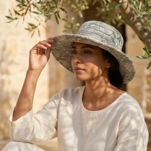 Grey Floral Quilted Cotton Sun Hat showing the wide brim bucket cap frame with the handcrafted monochrome botanical block print print detailing.