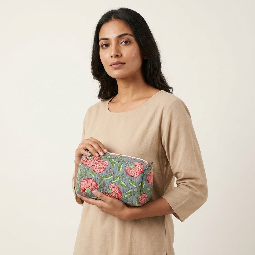 A traveler arranging the three pieces of the Grey Pink Floral Quilted Toiletry Bag Set on a modern bathroom vanity counter, displaying the large, medium, and small sizes filled with cosmetic brushes and skincare bottles.