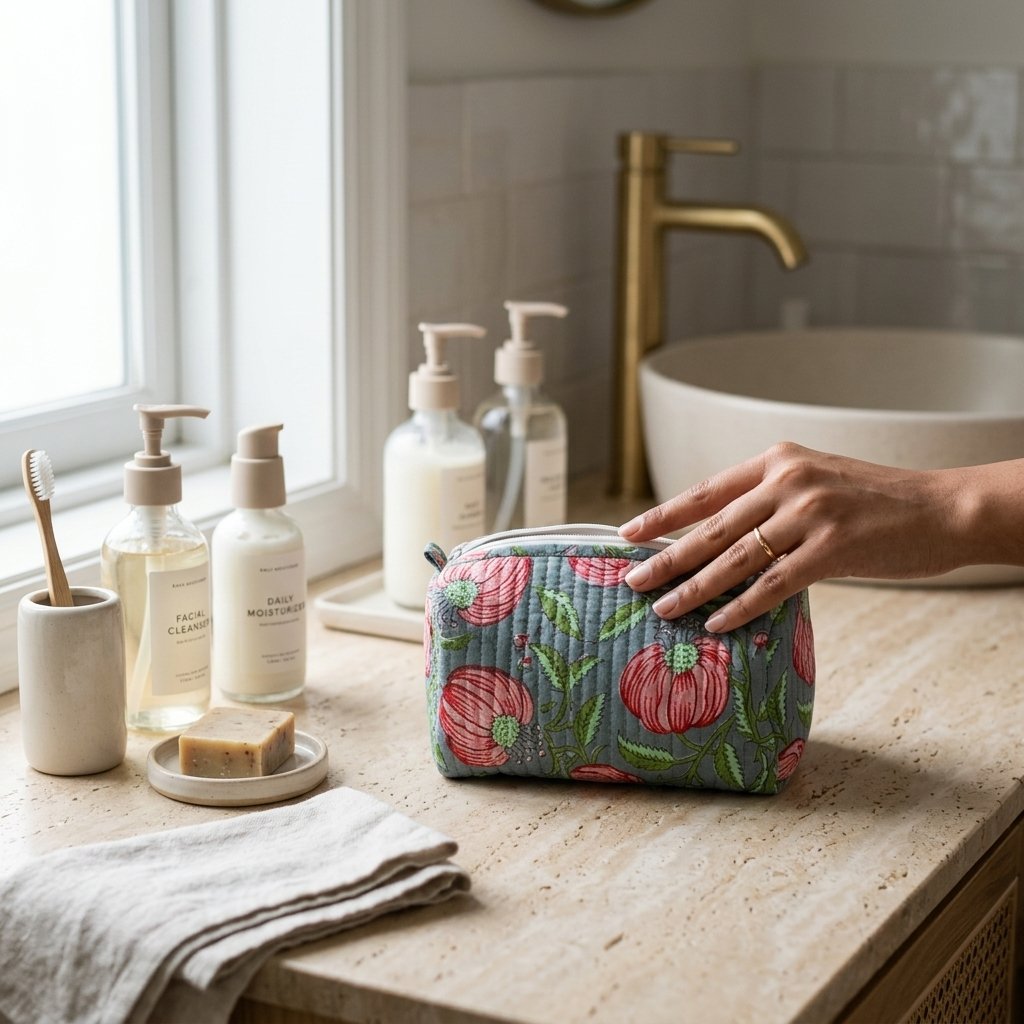 Close-up of the largest case in the Grey Pink Floral Quilted Toiletry Bag Set opened to reveal the clean protective interior lining, smooth zipper track, and soft quilted horizontal stitching texture.