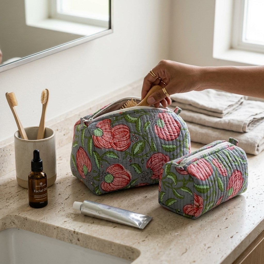 Close-up of the largest case in the Grey Pink Floral Quilted Toiletry Bag Set opened to reveal the clean protective interior lining, smooth zipper track, and soft quilted horizontal stitching texture.