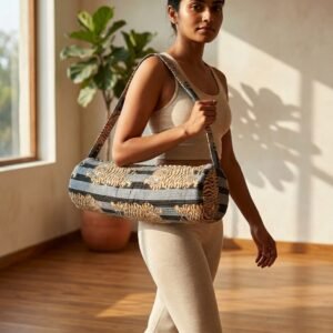 A fitness enthusiast carrying the Grey Tiger Quilted Yoga Mat Bag over their shoulder, displaying its comfortable sling fit and sleek patterned fitness purse style outside a local wellness center.