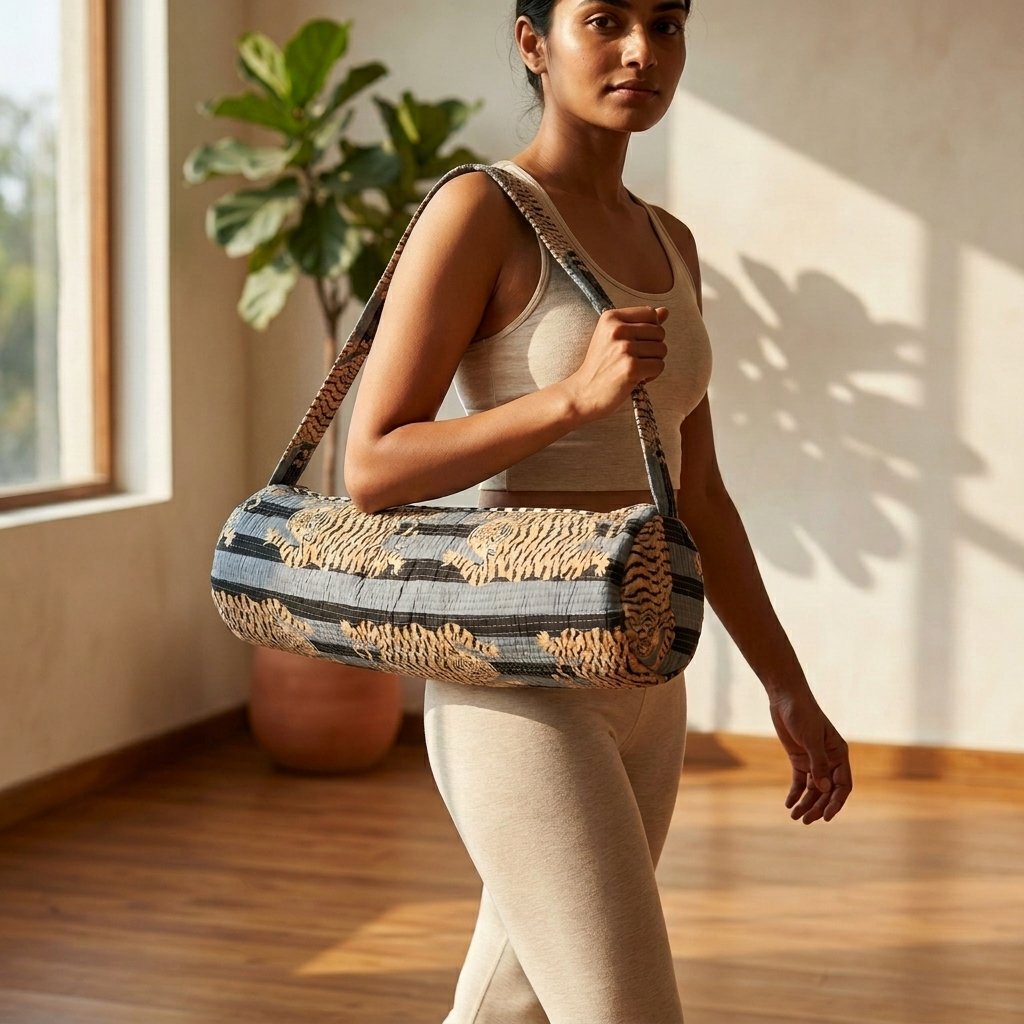 A fitness enthusiast carrying the Grey Tiger Quilted Yoga Mat Bag over their shoulder, displaying its comfortable sling fit and sleek patterned fitness purse style outside a local wellness center.