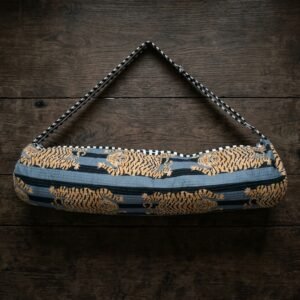 Close-up of the handcrafted exotic slate grey cat print detail, dense quilted stitching texture lines, heavy-duty border trim, and clean inner layout on an Indian cotton Pilates carrier bag.