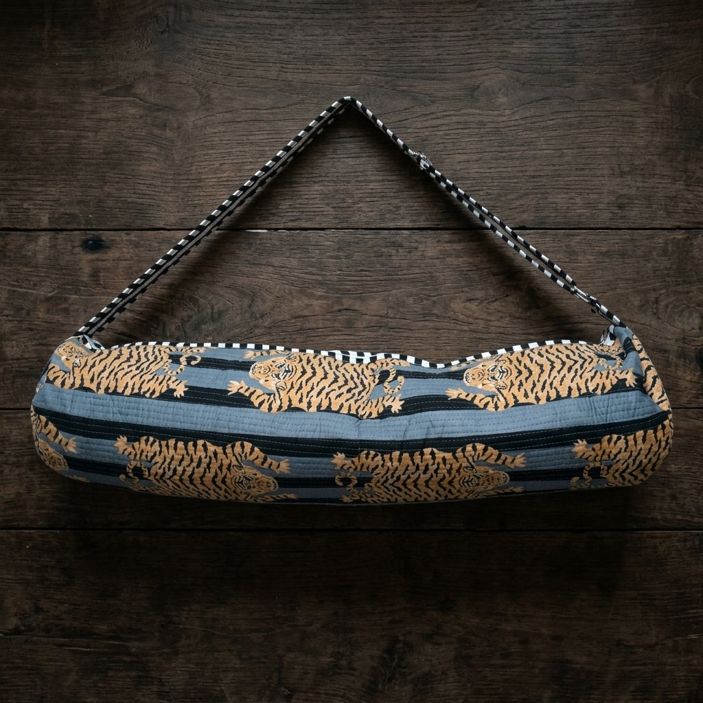Close-up of the handcrafted exotic slate grey cat print detail, dense quilted stitching texture lines, heavy-duty border trim, and clean inner layout on an Indian cotton Pilates carrier bag.