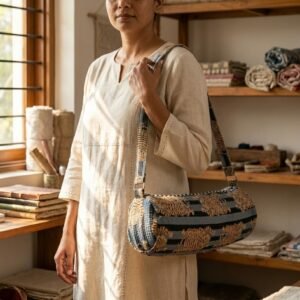 Grey Tiger Quilted Yoga Mat Bag displaying the traditional wild cat hand block print artisan design with the spacious 27x6 main barrel zipper track open and reinforced wide shoulder sling handle.