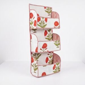 Hanging Wall Organizer with Pockets showing the traditional hand block print floral design with multiple multi-tier storage pocket slots and top hanging tabs.