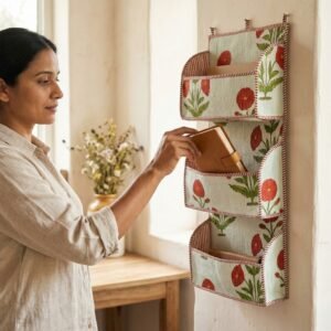 Close-up of the handcrafted red poppy blossom print detailing, heavy-duty fabric canvas backing, dense stitching borders, and clean empty pocket entry slot on an Indian cotton wall organizer.