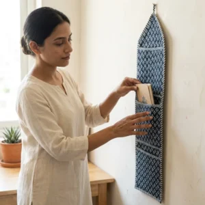 Indigo Blue Fabric Wall Hanging Organizer displaying the 3-pocket vertical sorting slots with the traditional geometric block print artisan design hung securely on an entryway wall.