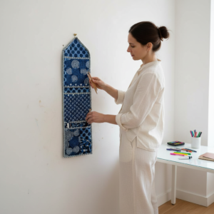 A home office wall showcasing the Indigo Blue Fabric Wall Hanging Organizer mounted beside a desk, displaying the 3 storage pockets filled with writing notebooks, letters, and stationery pens.