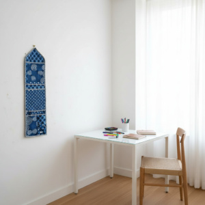Indigo Blue Fabric Wall Hanging Organizer showing the traditional hand block print geometric design with 3 spacious front storage pockets and top hanging loops.