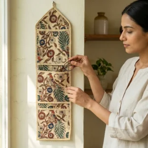 Kalamkari Fabric Wall Hanging Organizer displaying the multi-pocket vertical sorting slots with the traditional bird print artisan design hung securely on an entryway wall.