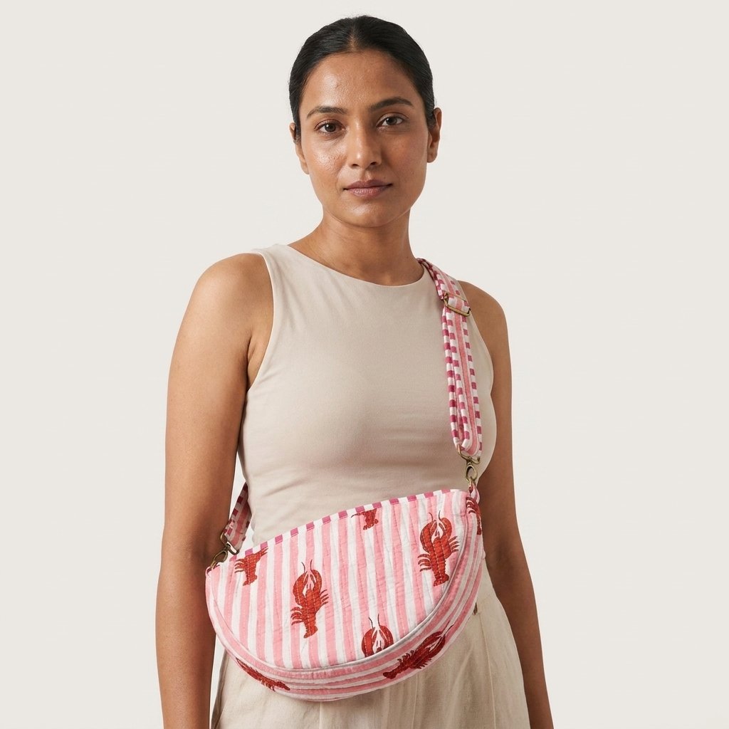A traveler wearing the Lobster Print Quilted Crossbody Bag across the chest as a sling, showcasing its compact packing capacity and playful bohemian accessory style during an outdoor music festival.