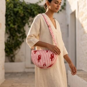 Close-up of the handcrafted coastal lobster print detailing, pink striped pattern accents, dense quilted stitching lines, and secure top zipper slider on an Indian cotton fanny pack purse.