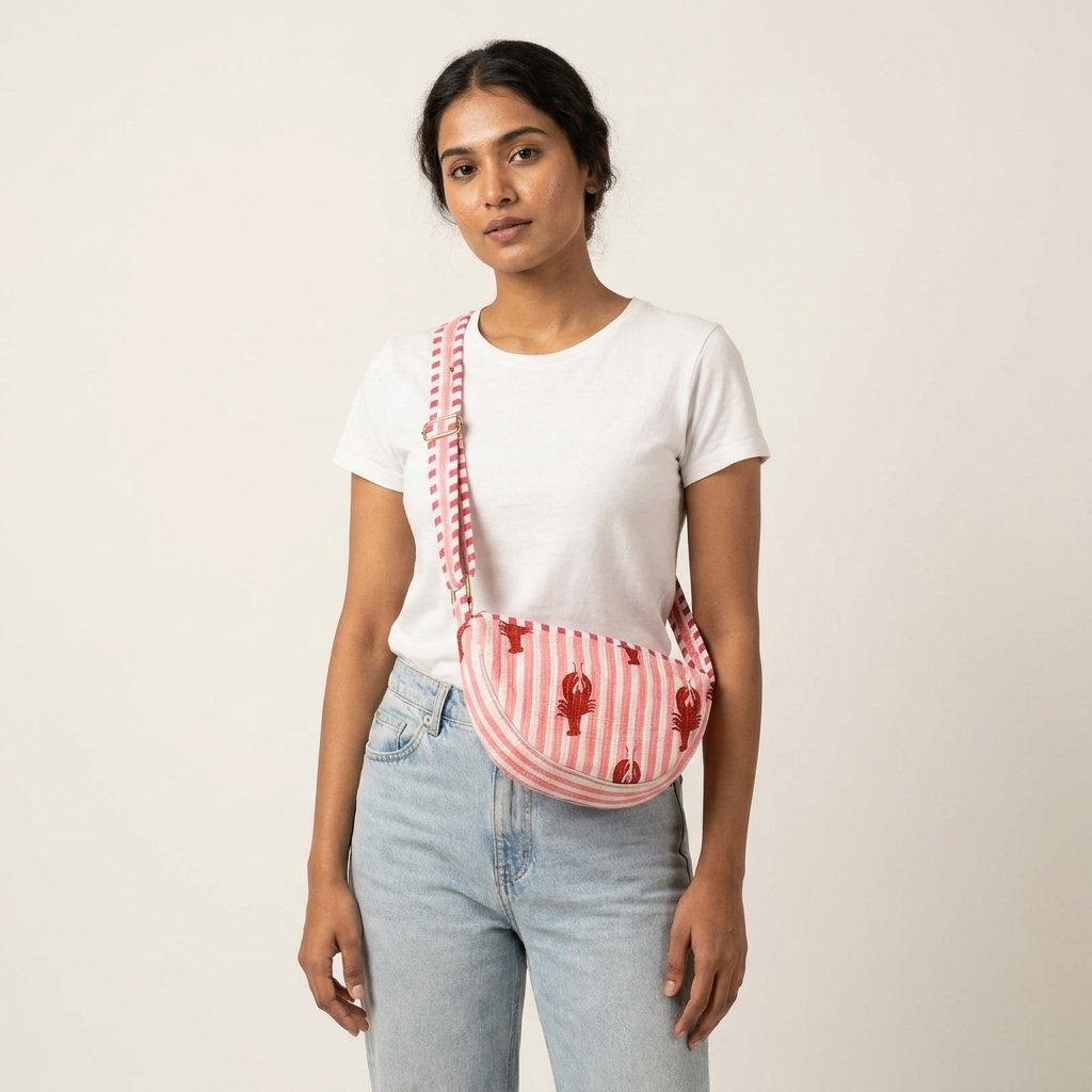 Lobster Print Quilted Crossbody Bag showing the traditional hand block print artisan design with the unique crescent silhouette and long adjustable shoulder strap.