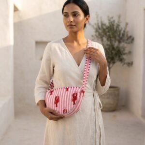 Lobster Print Quilted Crossbody Bag showing the traditional hand block print artisan design with the unique crescent silhouette and long adjustable shoulder strap.