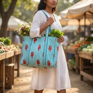 Lobster Print Quilted Shoulder Tote Bag showing the traditional hand block print artisan design with the spacious 18x18 inches main compartment opening and reinforced double shoulder handles.