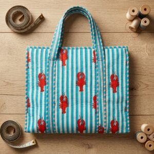 Lobster Print Quilted Shoulder Tote Bag showing the traditional hand block print artisan design with the spacious 18x18 inches main compartment opening and reinforced double shoulder handles.