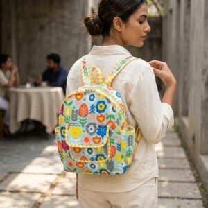 Floral Quilted Cotton Backpack showing the traditional hand block print artisan design with the adjustable shoulder straps and secure top zipper closure.