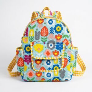 Floral Quilted Cotton Backpack showing the traditional hand block print artisan design with the adjustable shoulder straps and secure top zipper closure.