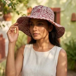 A sunny outdoor display featuring a person wearing the Maroon Floral Quilted Cotton Sun Hat during a vacation trip, highlighting its comfortable universal fit and bohemian style.