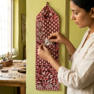 Maroon Quilted Wall Hanging Organizer displaying the multi-pocket vertical sorting slots with the traditional maroon block print artisan design hung securely on an entryway wall.