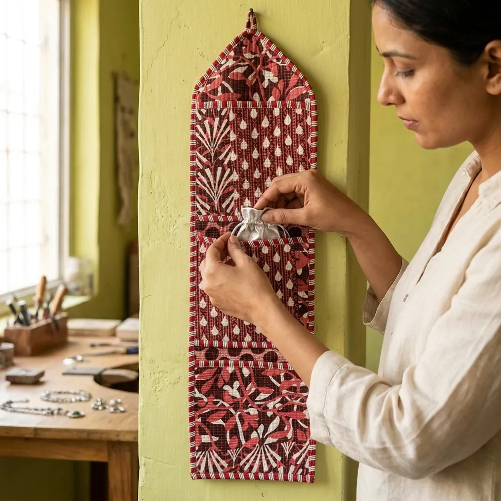 Maroon Quilted Wall Hanging Organizer displaying the multi-pocket vertical sorting slots with the traditional maroon block print artisan design hung securely on an entryway wall.