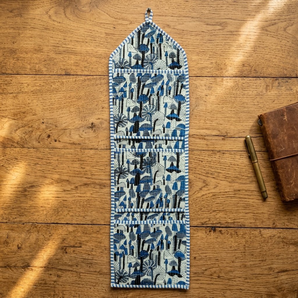 Close-up of the handcrafted whimsical mushroom print detailing, soft quilted construction lines, heavy-duty stitching borders, and clean empty pocket entry slot on an Indian cotton wall organizer.