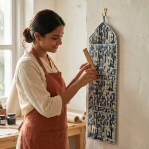 Mushroom Fabric Wall Hanging Organizer showing the traditional hand block print forest design with 3 spacious front storage pockets and top hanging loops.