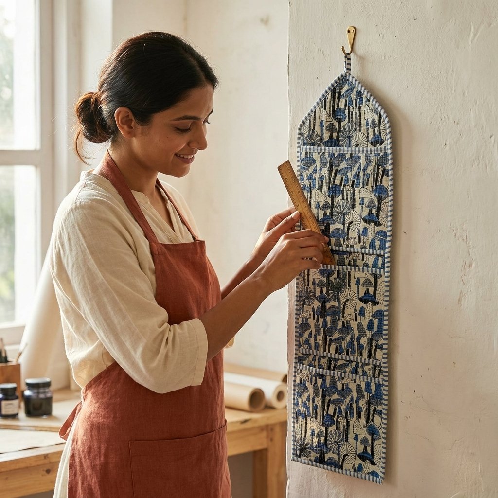 Mushroom Fabric Wall Hanging Organizer showing the traditional hand block print forest design with 3 spacious front storage pockets and top hanging loops.