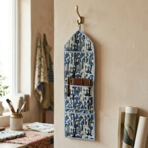 Close-up of the handcrafted whimsical mushroom print detailing, soft quilted construction lines, heavy-duty stitching borders, and clean empty pocket entry slot on an Indian cotton wall organizer.