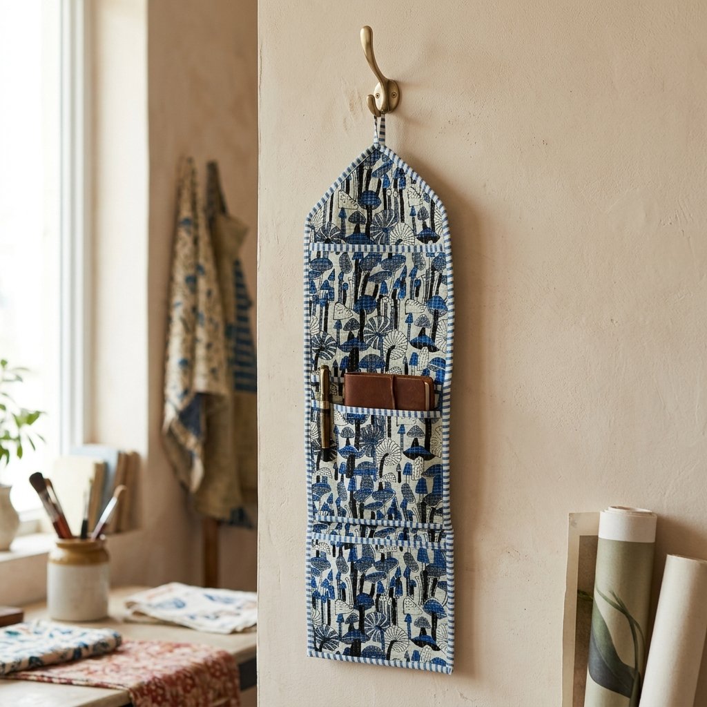 Close-up of the handcrafted whimsical mushroom print detailing, soft quilted construction lines, heavy-duty stitching borders, and clean empty pocket entry slot on an Indian cotton wall organizer.