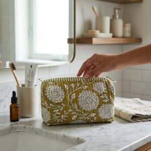 A traveler arranging the three pieces of the Olive Green Quilted Toiletry Bag Set on a modern bathroom vanity counter, displaying the large, medium, and small sizes filled with cosmetic brushes and skincare bottles.